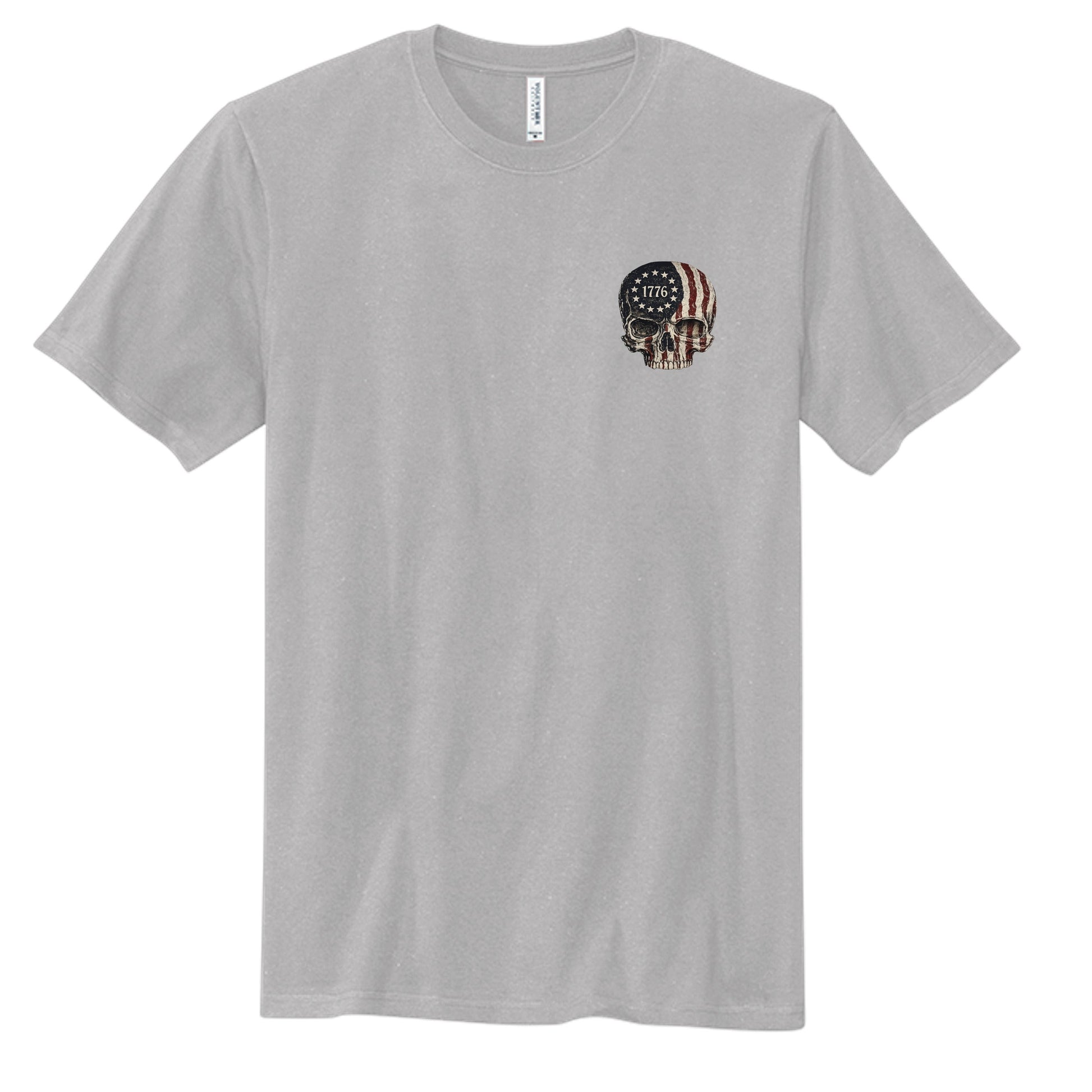 Americana Live Free or Die 1776 grey cotton chore tee with American flag skull chest graphic