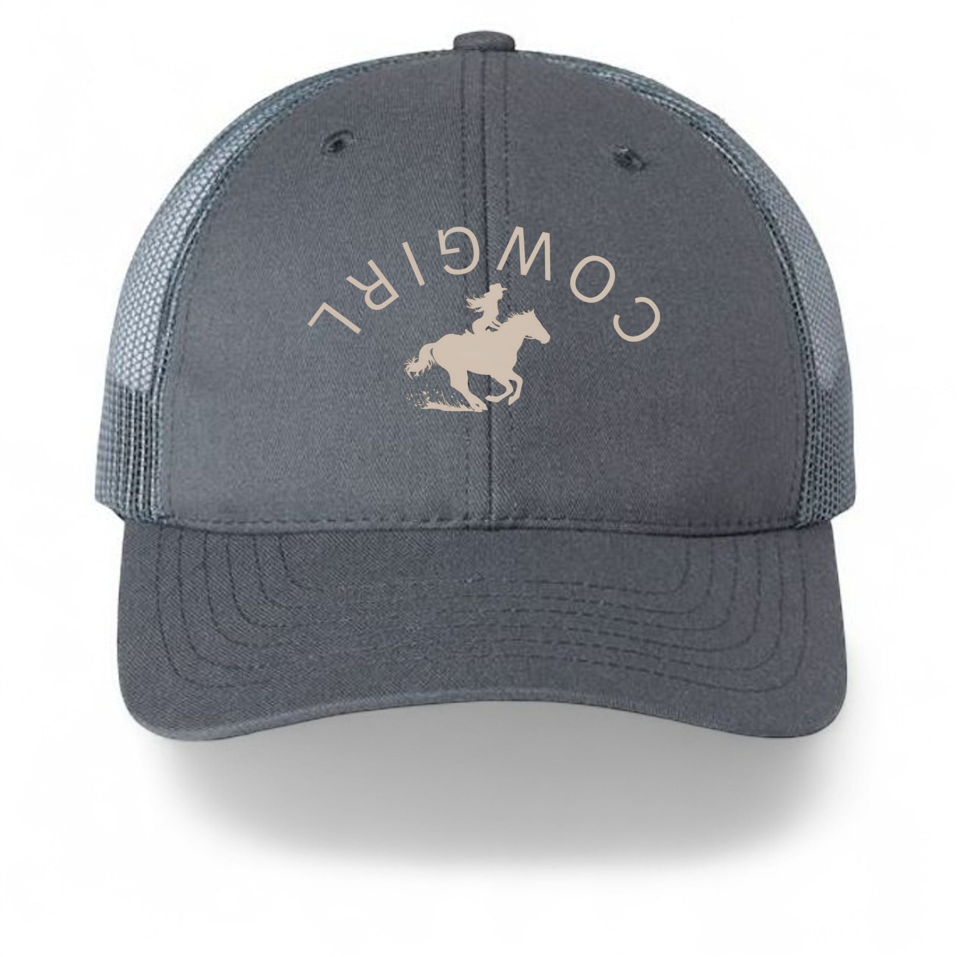 Americana charcoal grey trucker hat with a breathable mesh back and a cowgirl graphic print on the front panel.