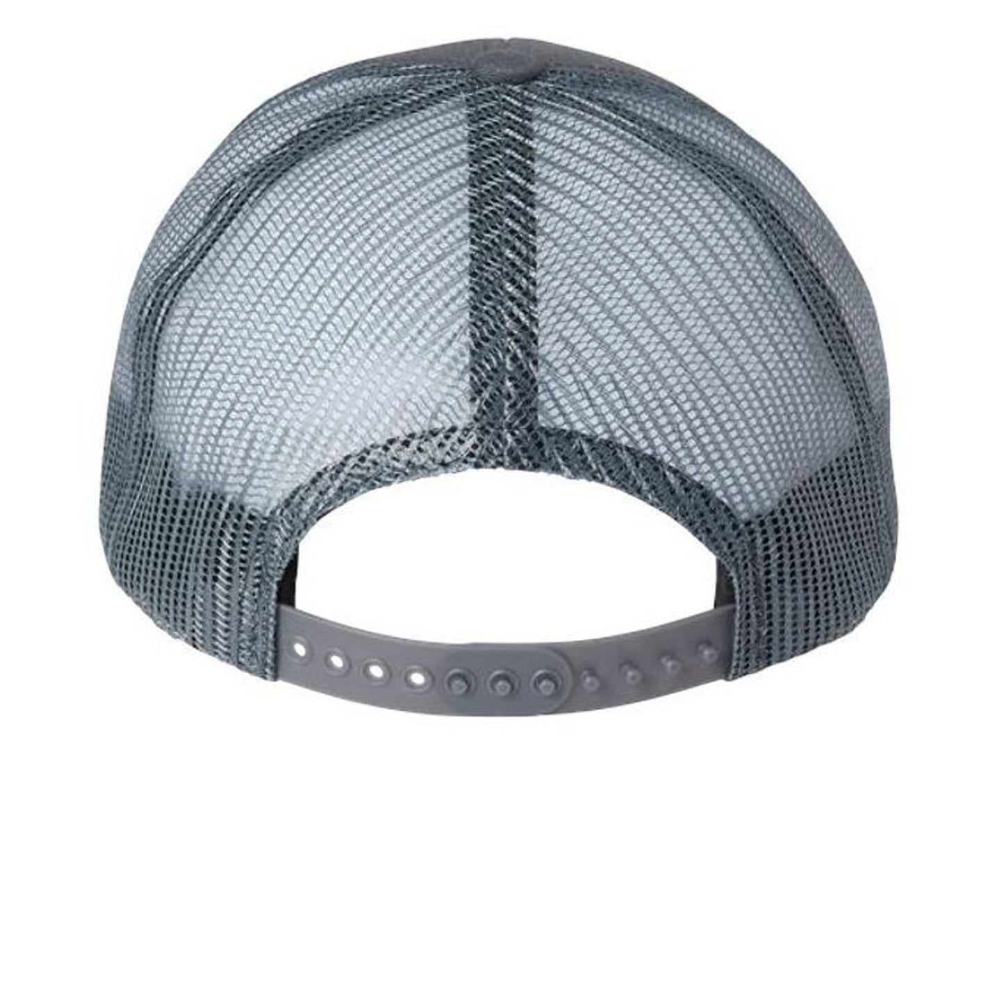 Americana grey trucker hat with breathable mesh back and adjustable snapback closure, rear view.