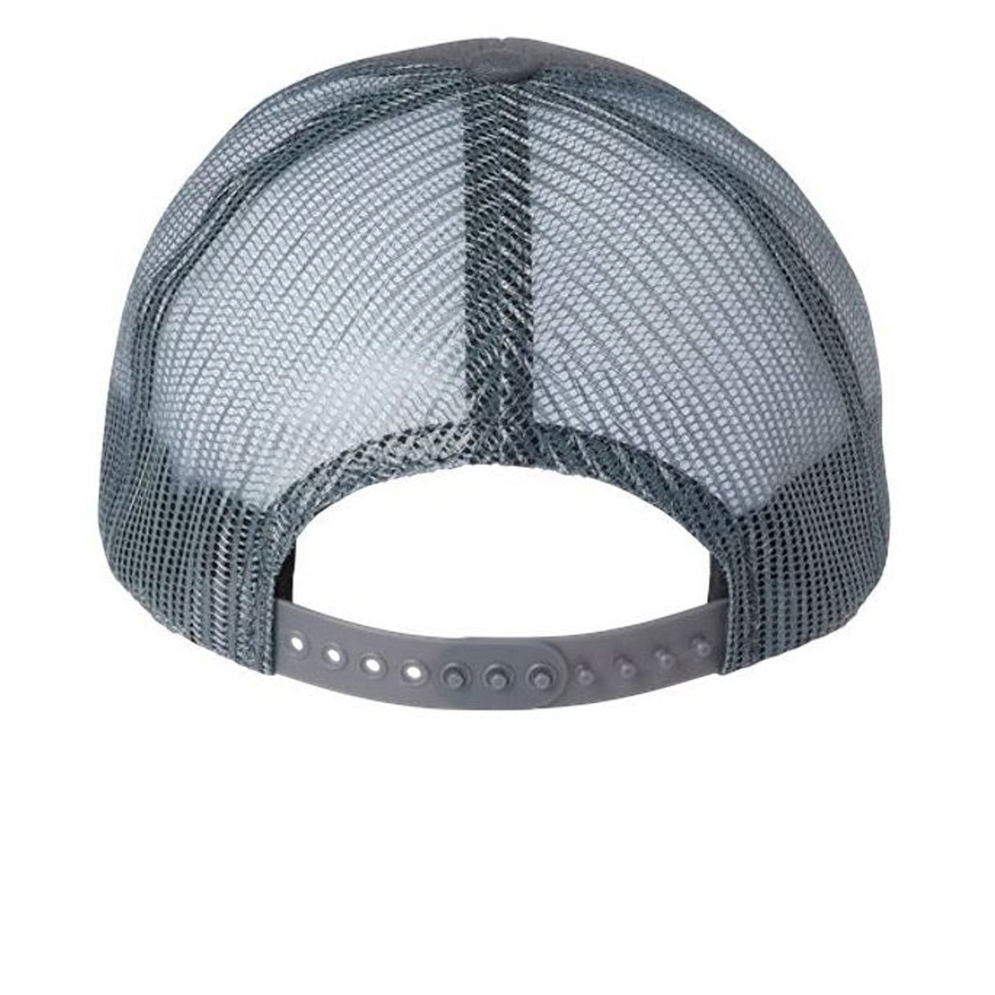 Americana grey trucker hat with breathable mesh back and adjustable snapback closure, rear view.