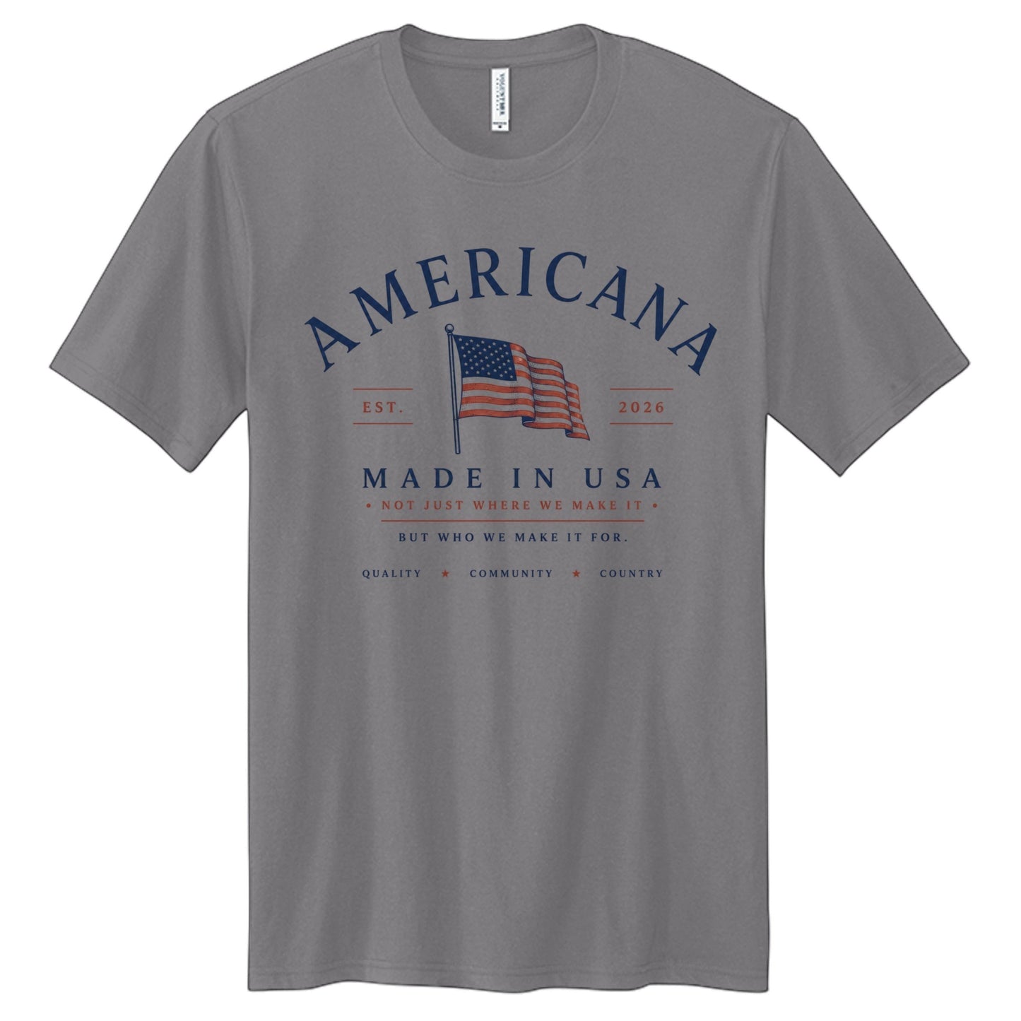 Americana grey tri-blend t-shirt with American flag graphic and Made in USA text print on the chest.