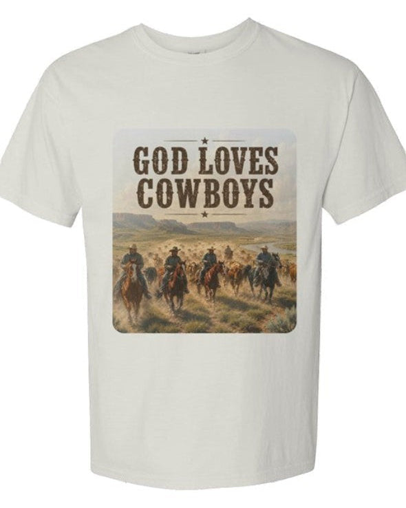 Americana ultra heavy weight t-shirt in off-white featuring a vintage western graphic of cowboys riding horses