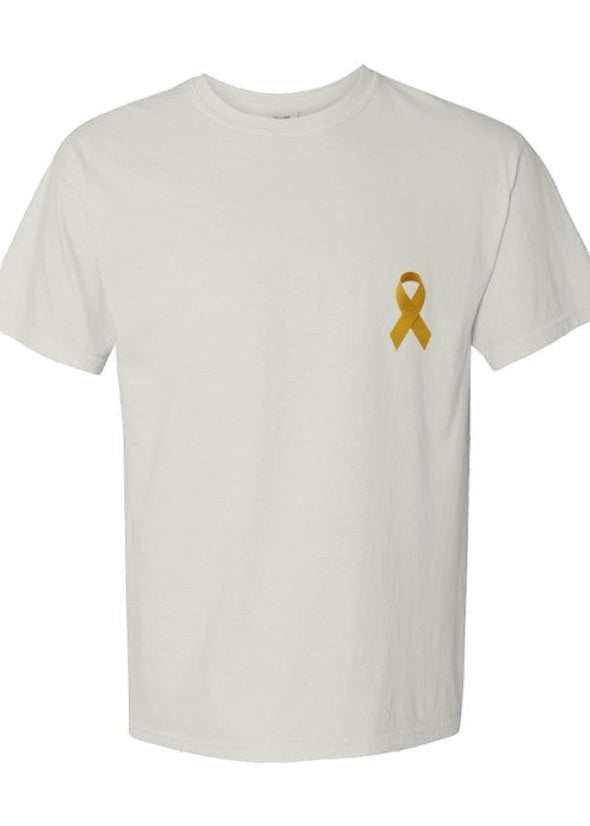 Americana ultra heavy weight off-white t-shirt featuring a small yellow military support ribbon on the chest