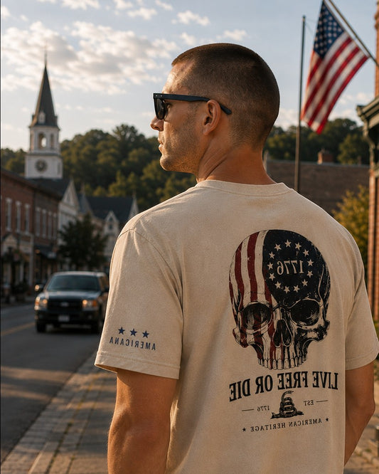 Americana Live Free or Die 1776 graphic tee in beige cotton worn by a man on a street with an American flag background.