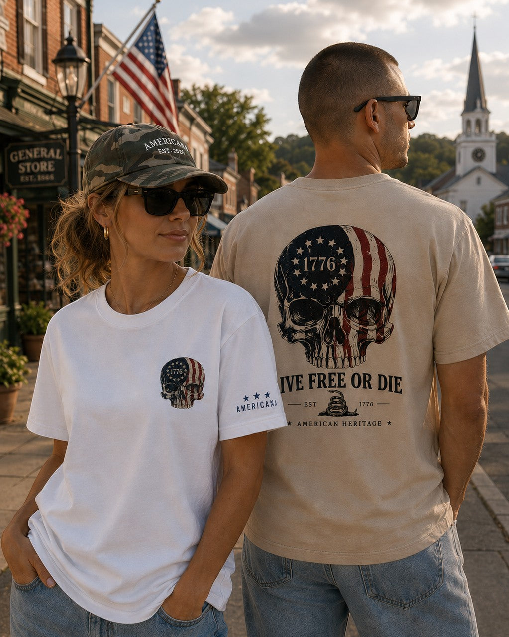 Americana Live Free or Die 1776 graphic tees on a man and woman in a historic town setting.