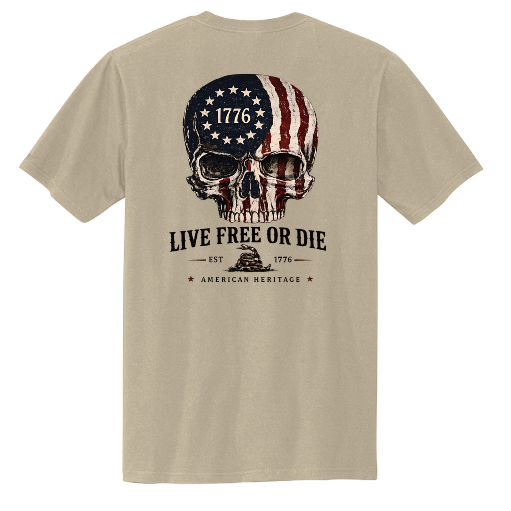 Americana Live Free or Die 1776 graphic tee in tan cotton with a patriotic skull and American flag design on the back.