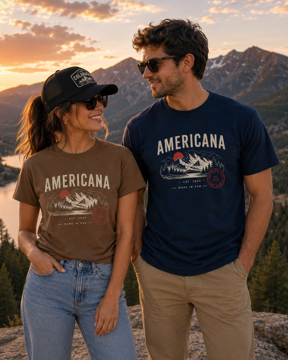 Americana couple wearing matching heavy cotton graphic t-shirts with mountain landscape print at sunset