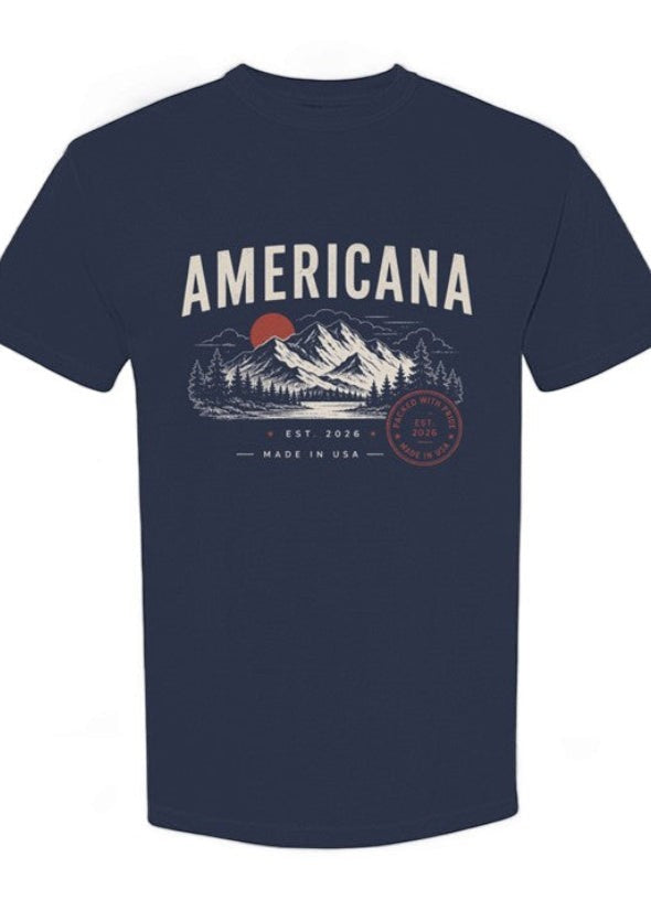 Americana navy blue heavy cotton t-shirt featuring a mountain landscape graphic with a red sun and vintage print.
