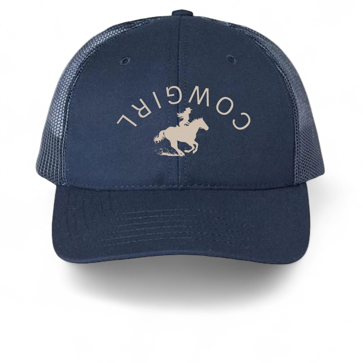 Americana navy blue trucker hat with a breathable mesh back and a white cowgirl graphic on the structured front.
