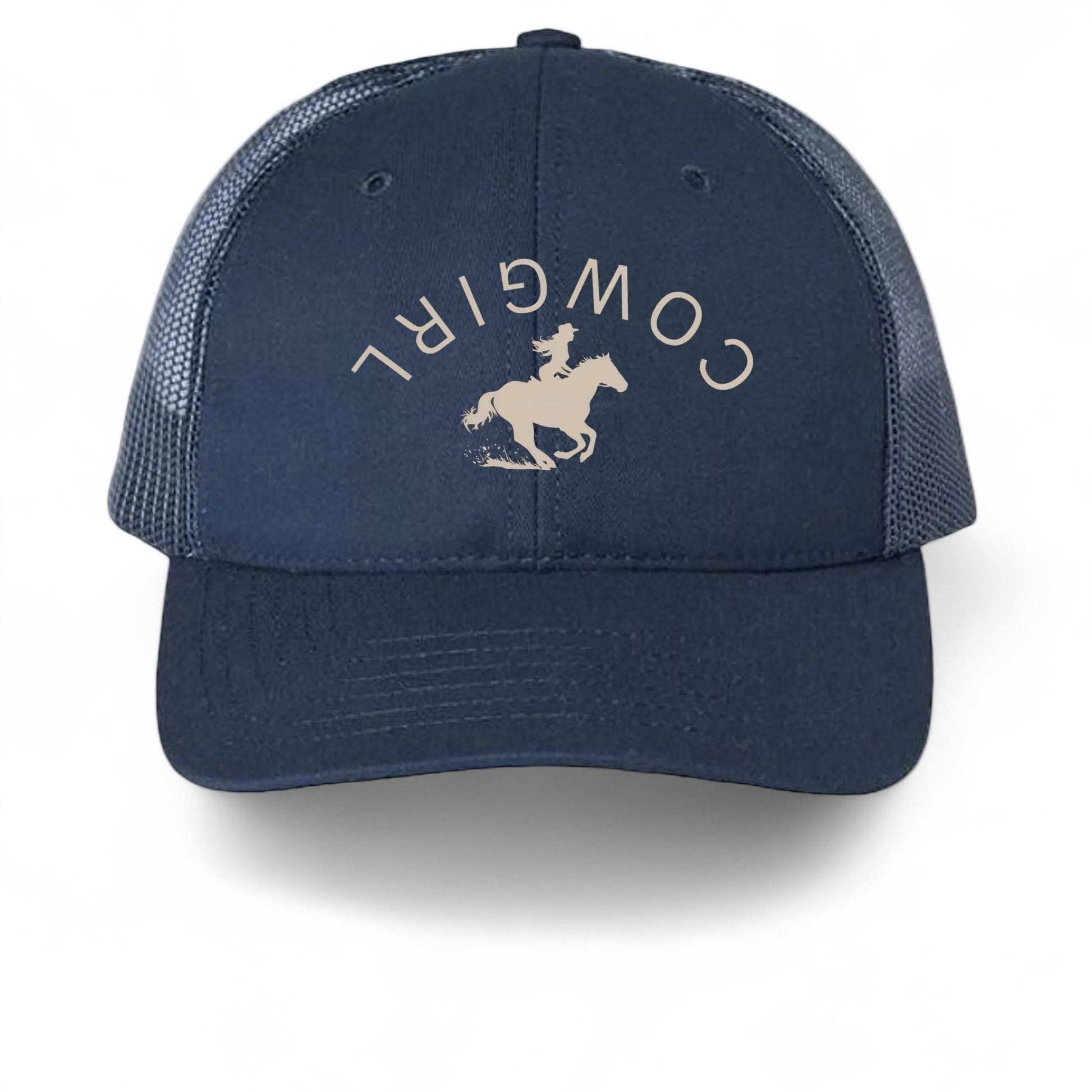Americana navy blue trucker hat with a breathable mesh back and a white cowgirl graphic on the structured front.
