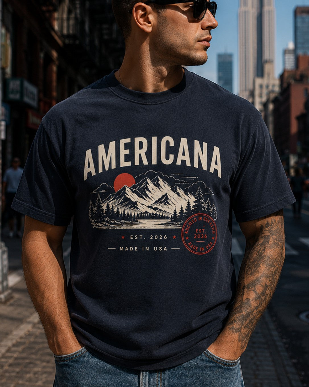 Americana garment-dyed navy heavy cotton t-shirt with mountain landscape graphic print worn by a man in the city