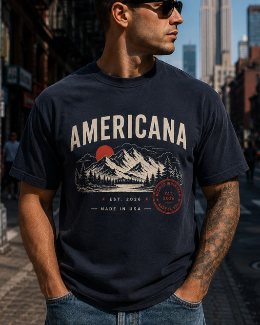 Americana garment-dyed navy heavy cotton t-shirt with mountain landscape graphic print worn by a man in the city
