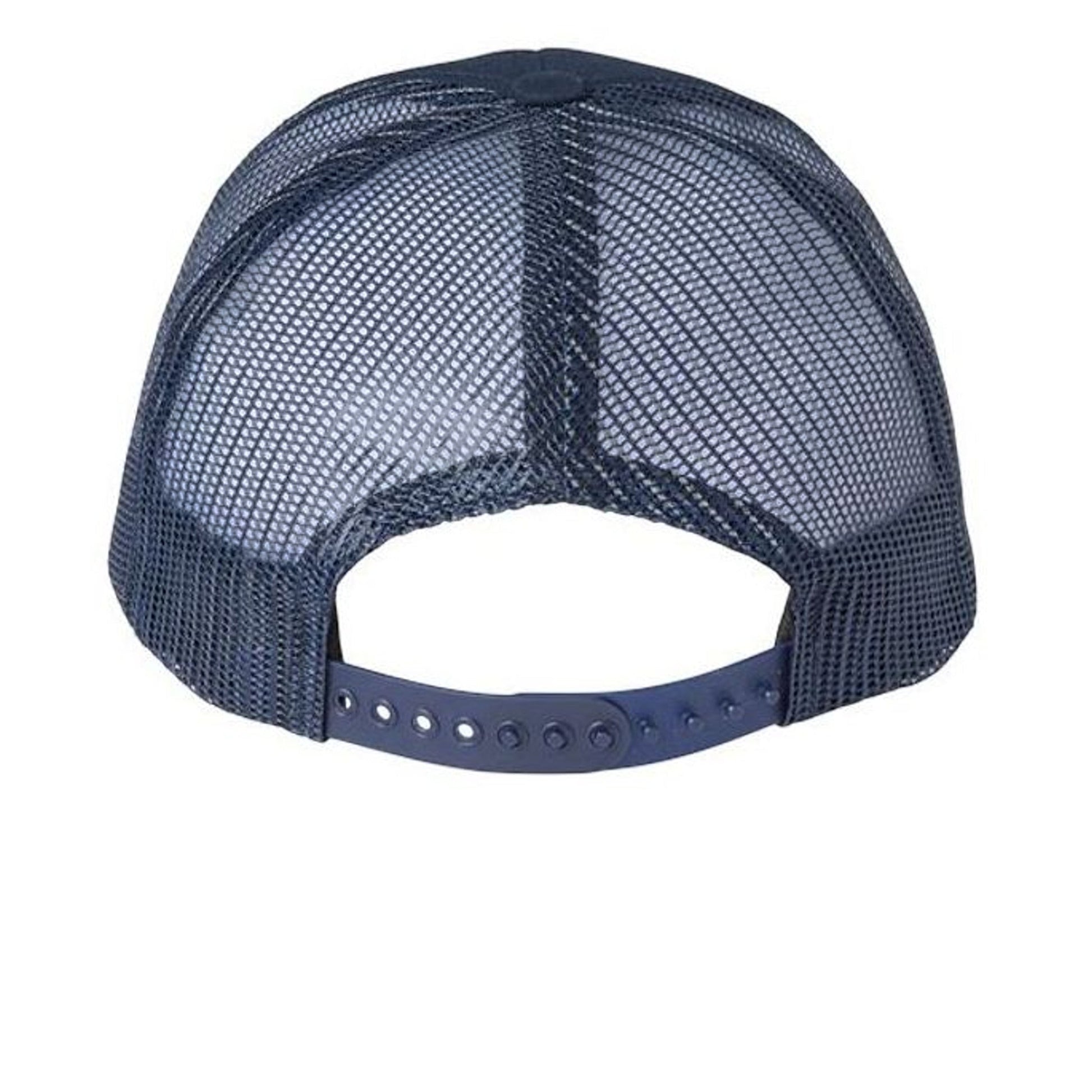 Americana navy blue trucker hat with breathable mesh back and adjustable snapback closure, rear view.