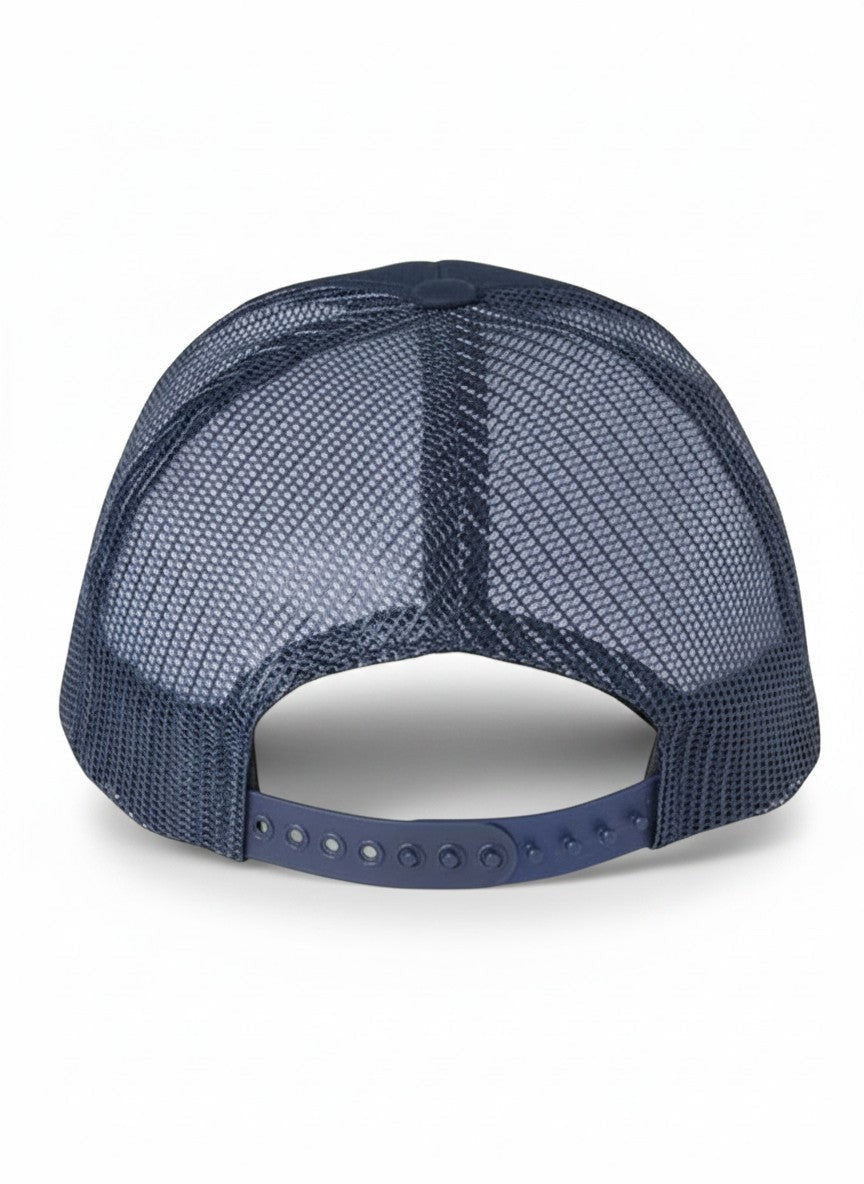 Americana navy blue trucker hat with breathable mesh back and adjustable snapback closure, rear view.