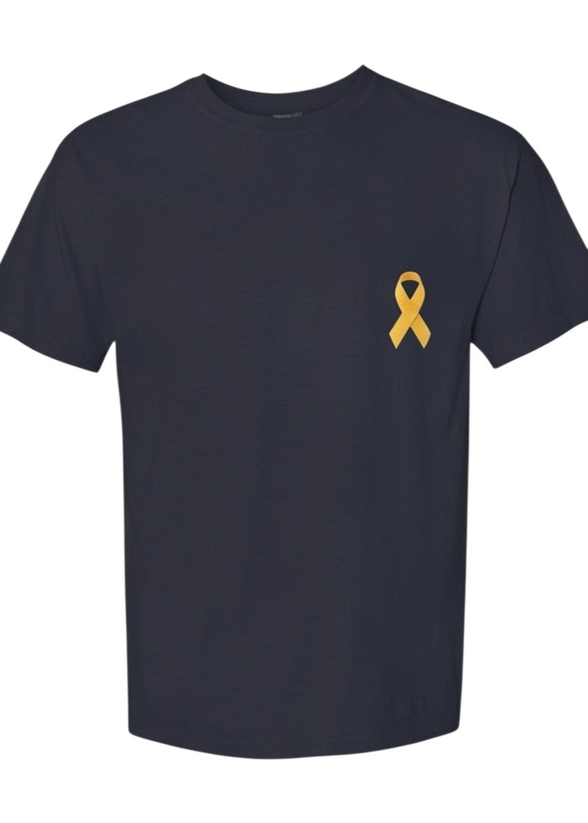 Americana ultra heavy weight navy blue t-shirt featuring a yellow military support ribbon on the chest.