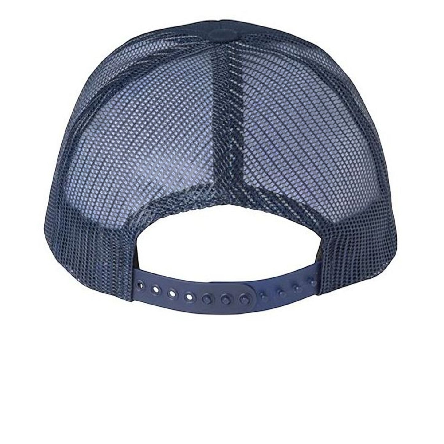 Americana navy blue trucker hat with breathable mesh back and adjustable snapback closure, rear view.