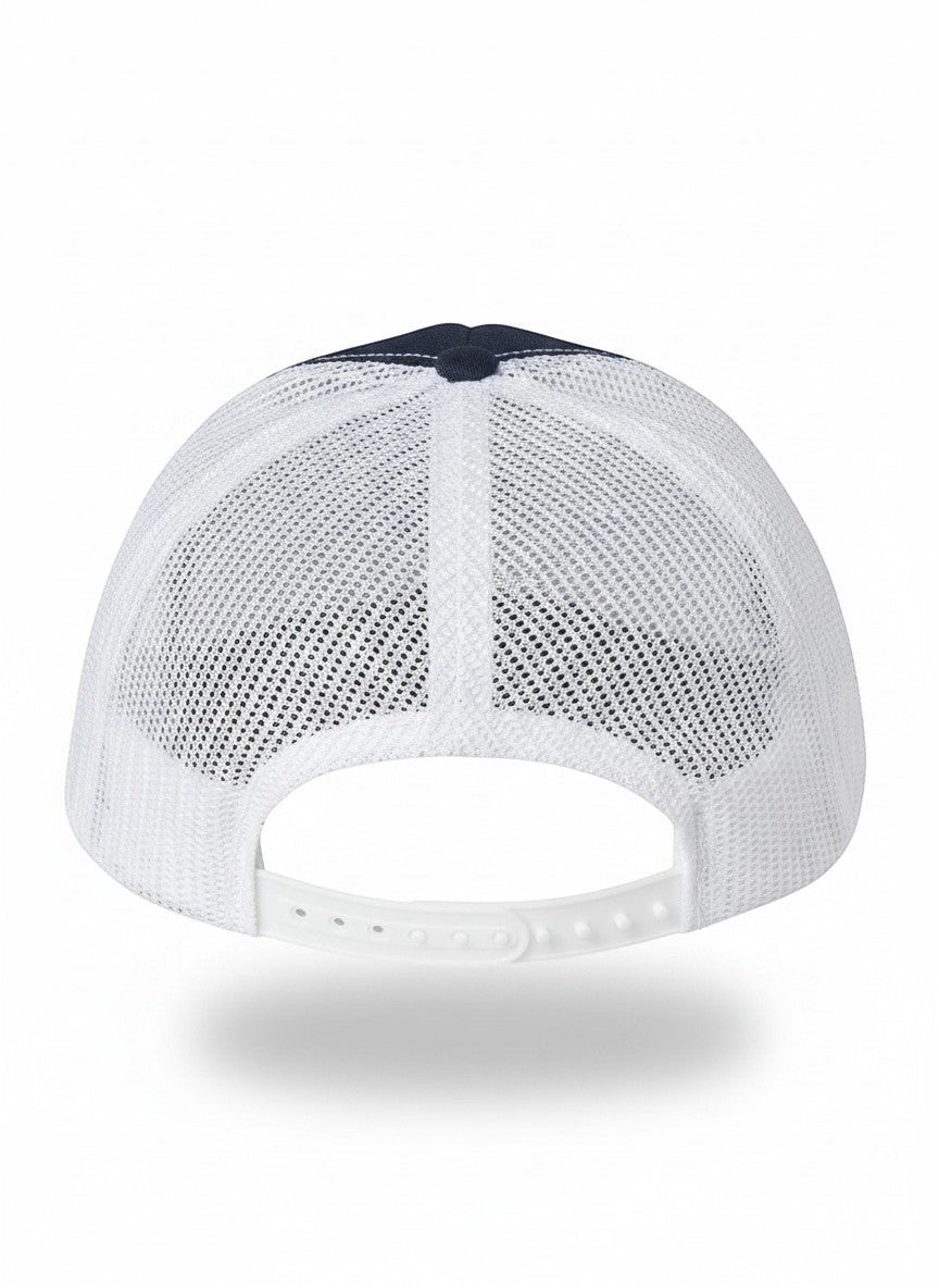 Americana trucker hat featuring a navy blue front panel and a breathable white mesh back with an adjustable snapback.