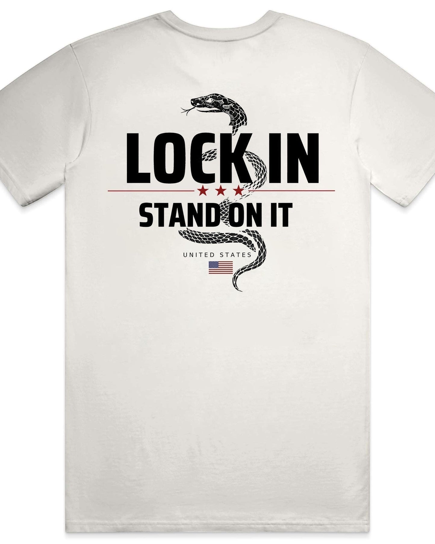 Americana off-white short sleeve crewneck t-shirt with back graphic featuring a coiled snake and Lock In Stand On It