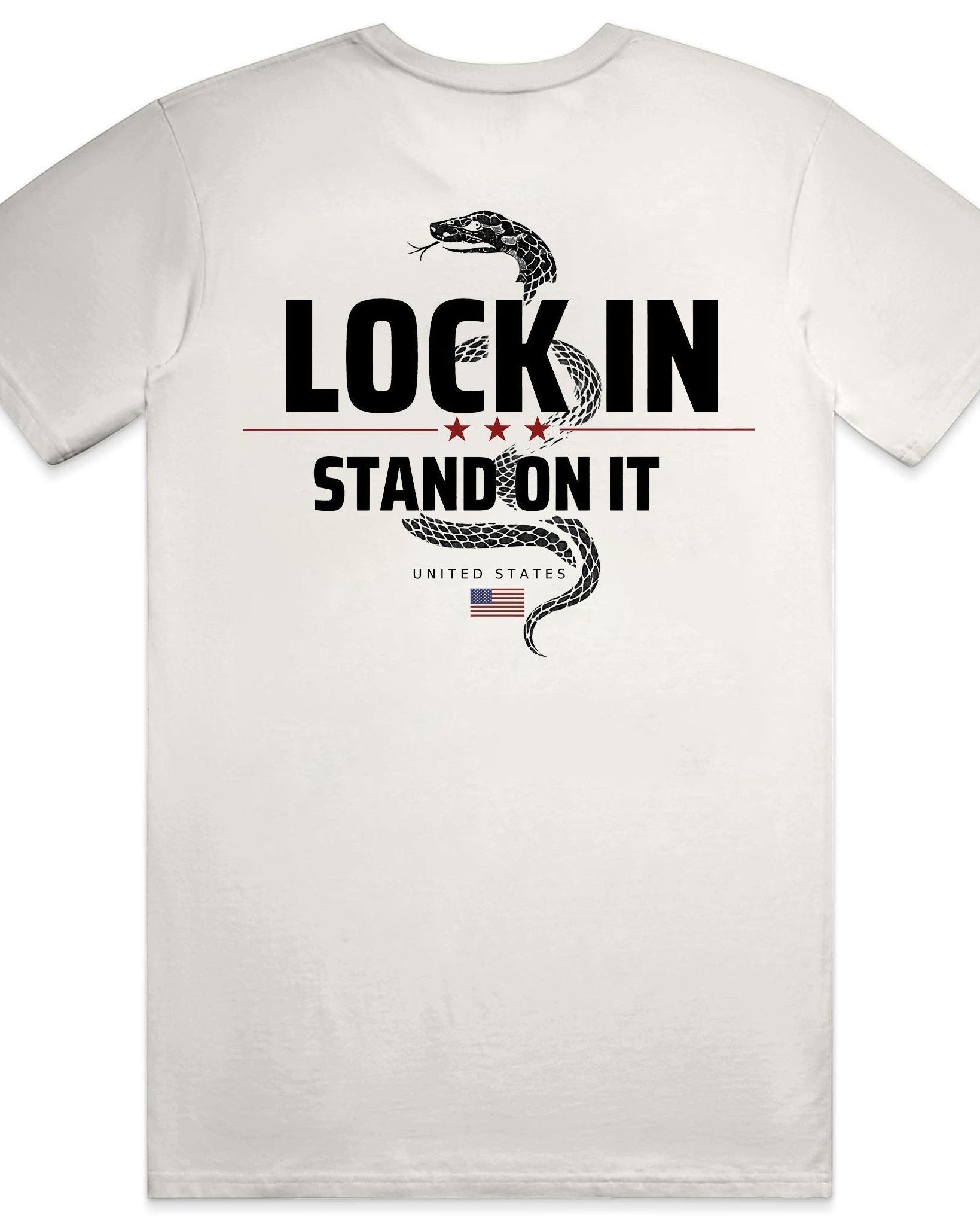 Americana off-white short sleeve crewneck t-shirt with back graphic featuring a coiled snake and Lock In Stand On It