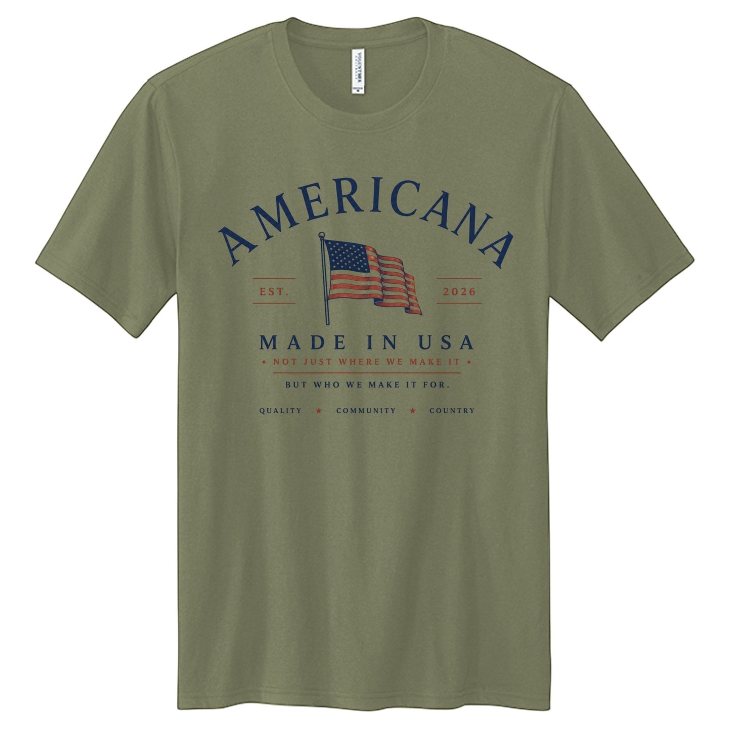 Americana olive green tri-blend t-shirt featuring a vintage American flag graphic and patriotic text print.