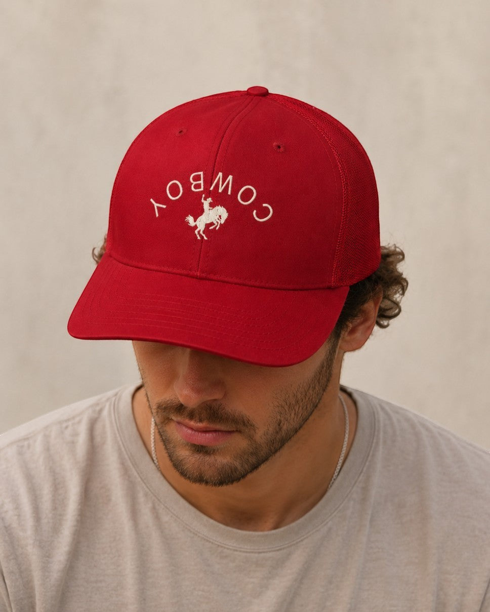 Americana red snapback hat with white bronco silhouette print, structured six-panel design, and breathable mesh back.