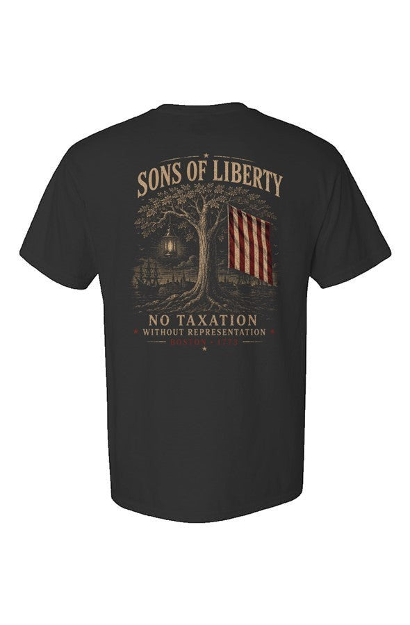 Americana black ultra heavy weight t-shirt with Sons of Liberty graphic print featuring a tree, lantern, and flag.