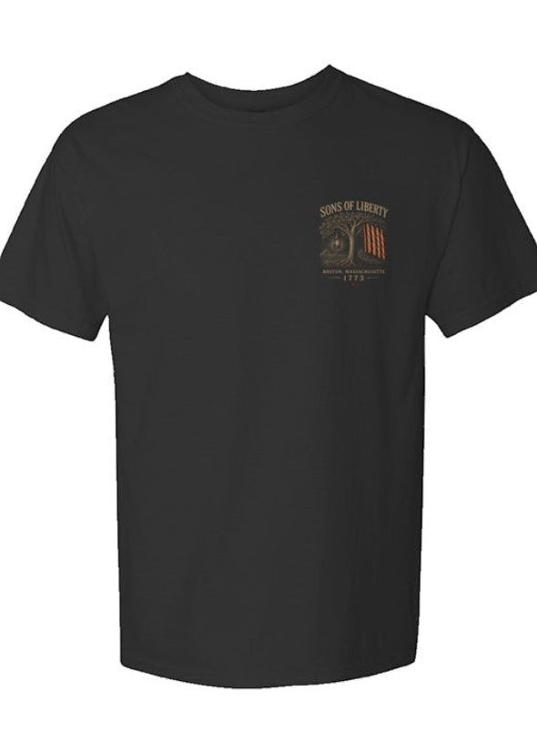 Americana black ultra heavy weight t-shirt with Sons of Liberty tree and flag graphic on the chest