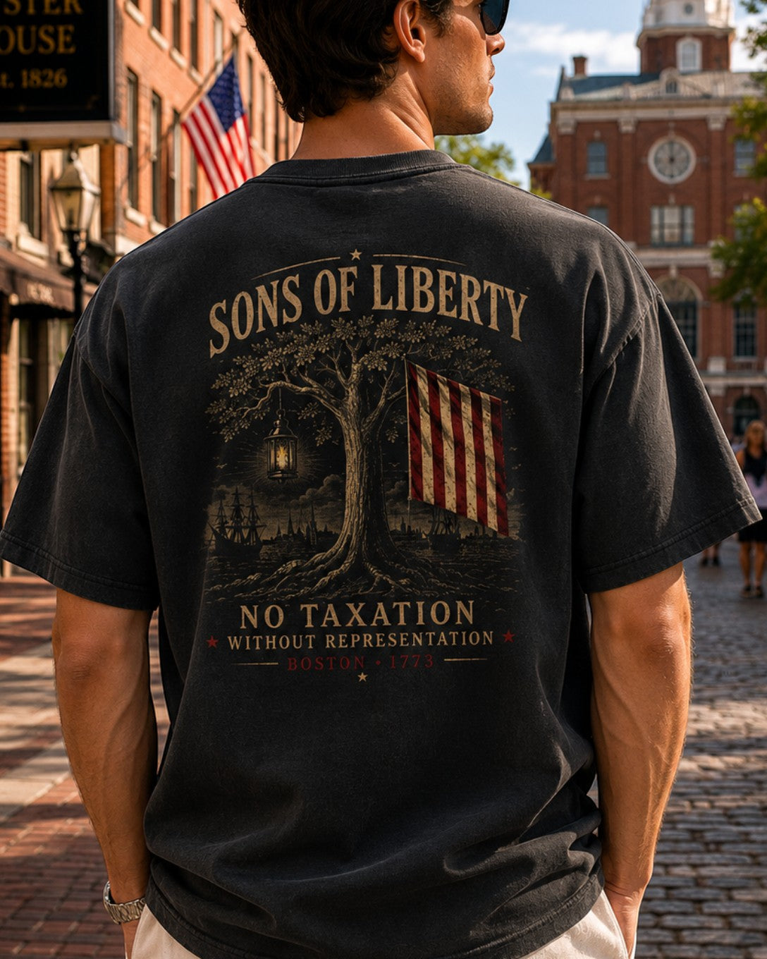 Americana Sons of Liberty ultra heavy weight black cotton t-shirt with vintage Boston 1773 graphic on the back