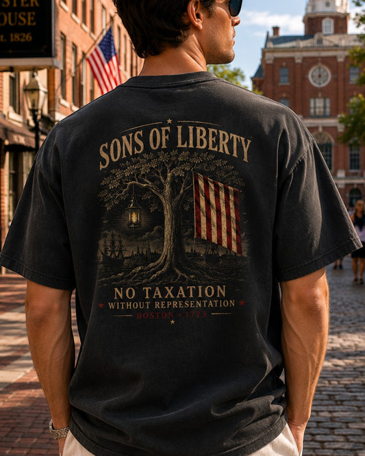 Americana Sons of Liberty ultra heavy weight black cotton t-shirt with vintage Boston 1773 graphic on the back