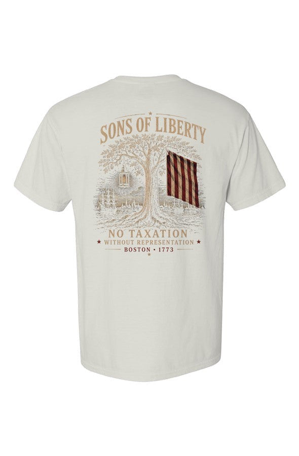 Americana Sons of Liberty ultra heavy weight t-shirt in off-white with a historical graphic print on the back.