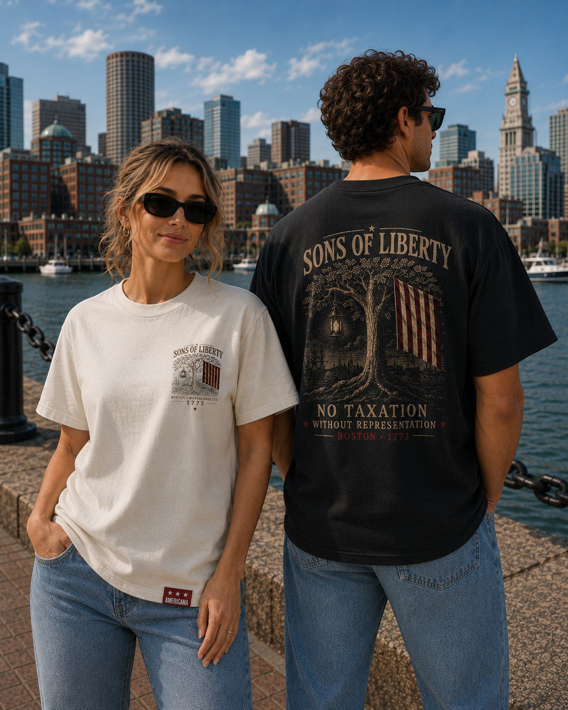 Americana Sons of Liberty ultra heavy weight t-shirts in cream and black with vintage patriotic graphic prints.