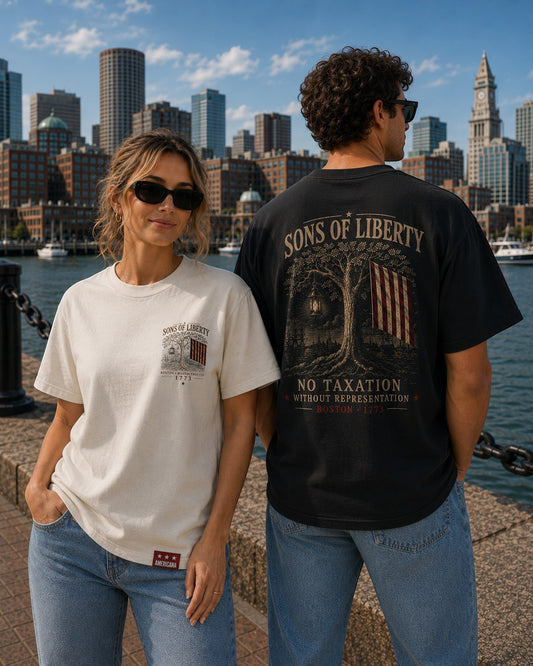 Americana Sons of Liberty ultra heavy weight t-shirts in cream and black with vintage patriotic graphic prints.