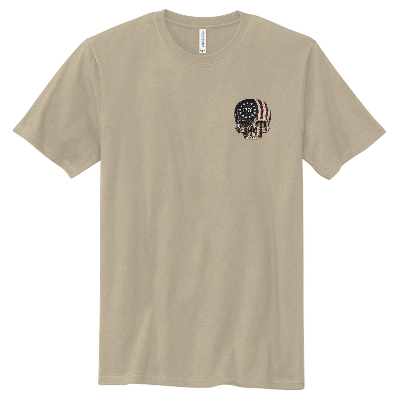 Americana Live Free or Die 1776 graphic tee in tan cotton with a patriotic skull print on the chest