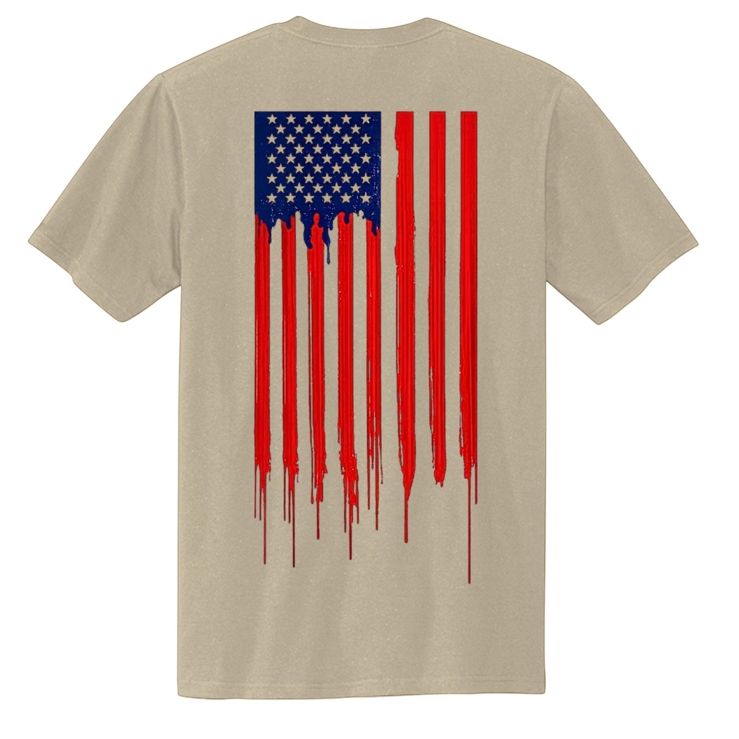 Americana 250 Bleeding Flag T-shirt in tan cotton featuring a distressed American flag graphic on the back