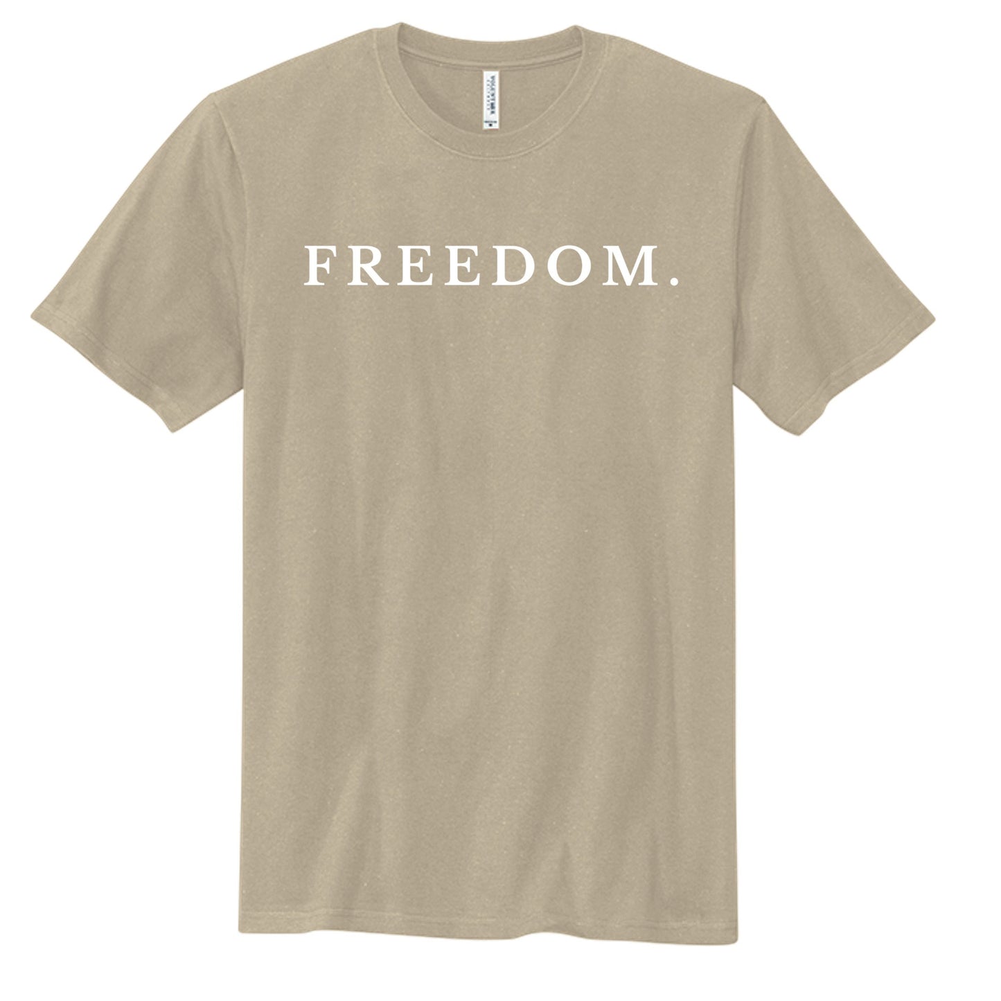 Americana AM Freedom tan cotton crew neck t-shirt with white Freedom text graphic