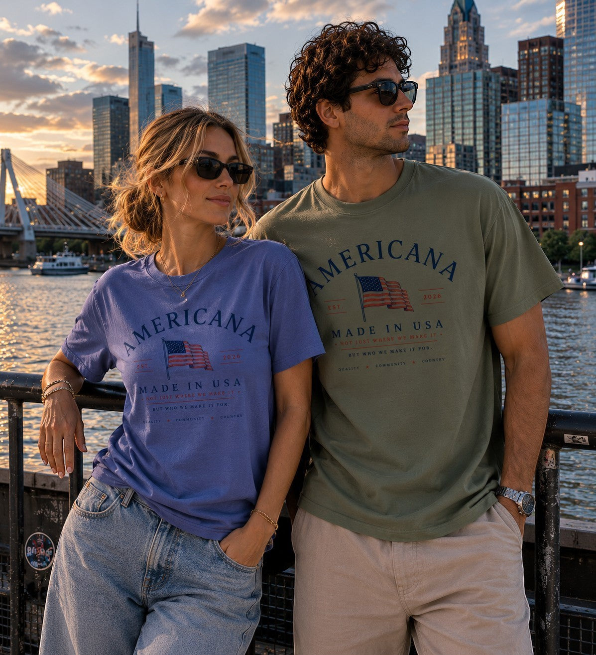 Americana tri-blend t-shirts in blue and olive green with American flag graphic, worn by a couple in a city setting.