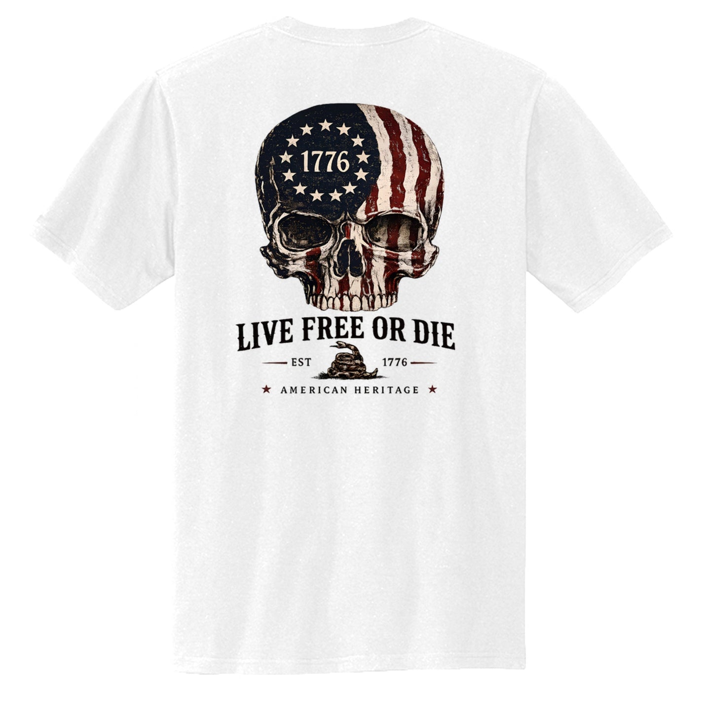 Americana white cotton chore tee featuring a back graphic of a skull with an American flag pattern and 1776 text.