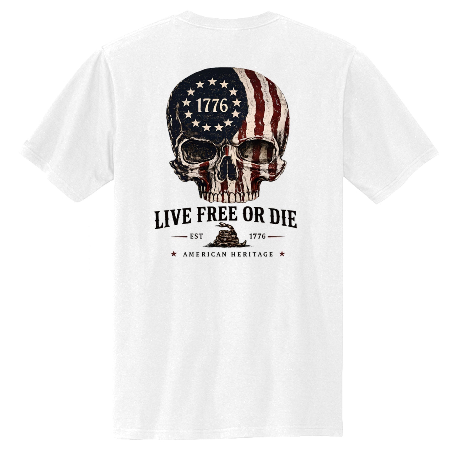 Americana white cotton chore tee featuring a back graphic of a skull with an American flag pattern and 1776 text.