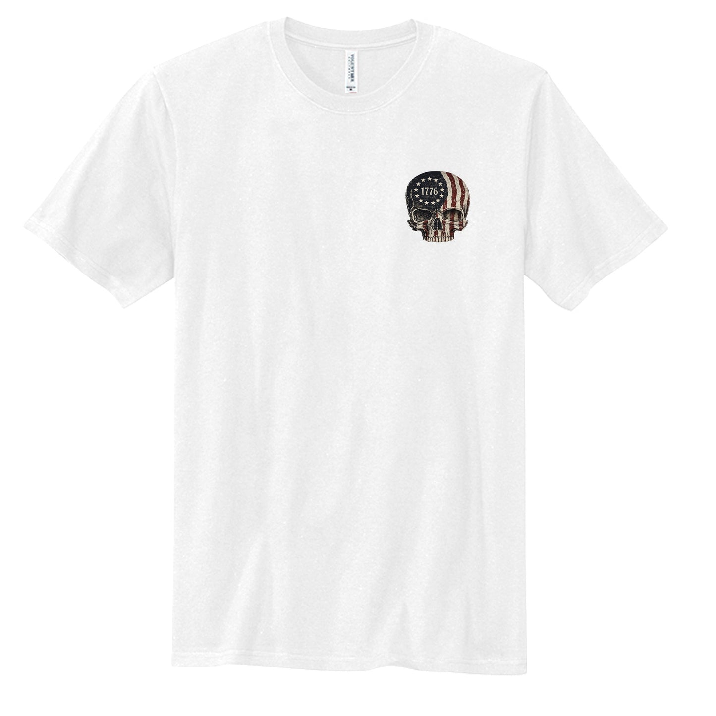 Americana white cotton chore tee featuring a small chest graphic of a skull with a 1776 American flag design.